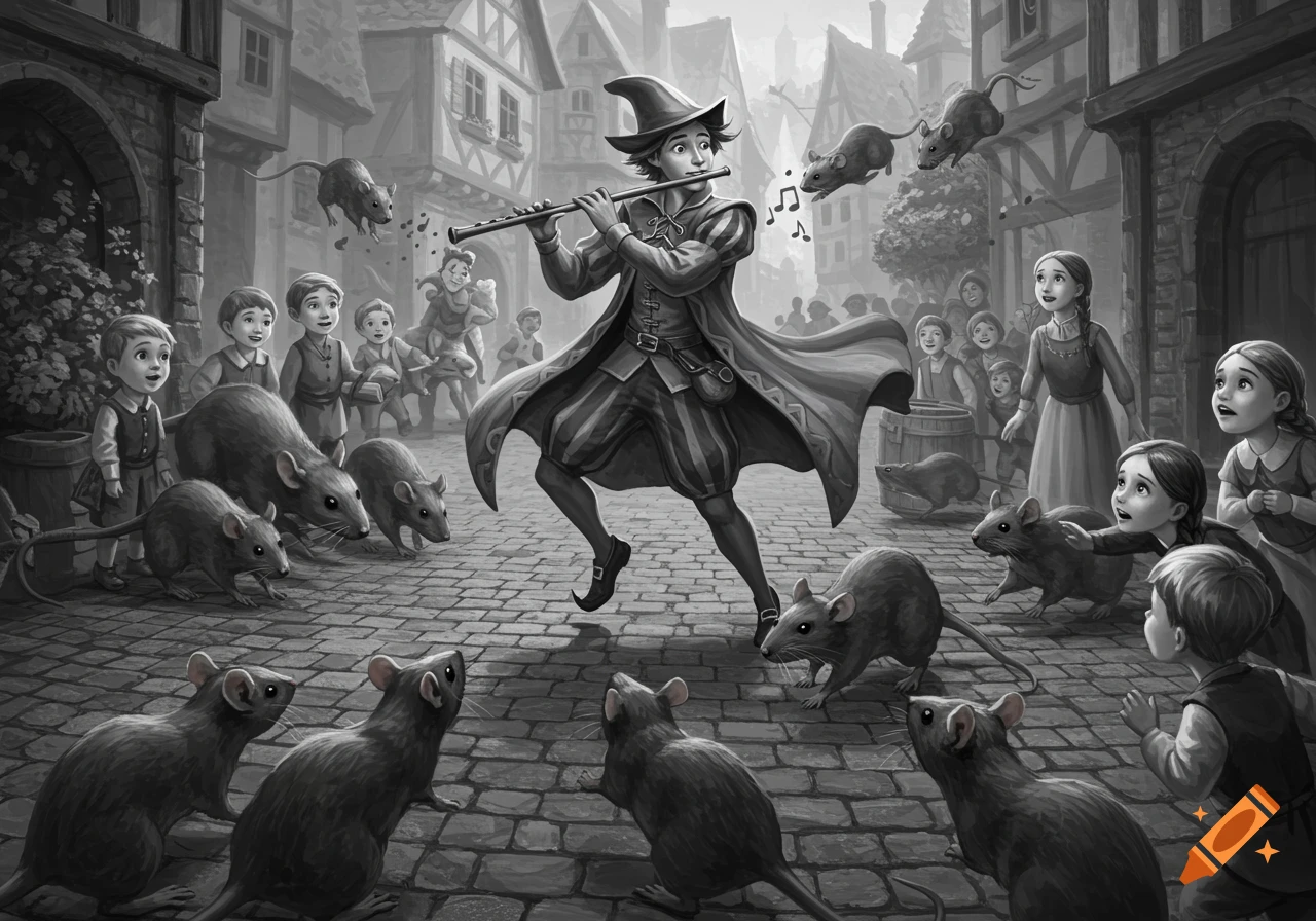 Grayscale fantasy illustration of the Pied Piper playing a flute, surrounded by a swarm of rats, with children watching in a medieval town.