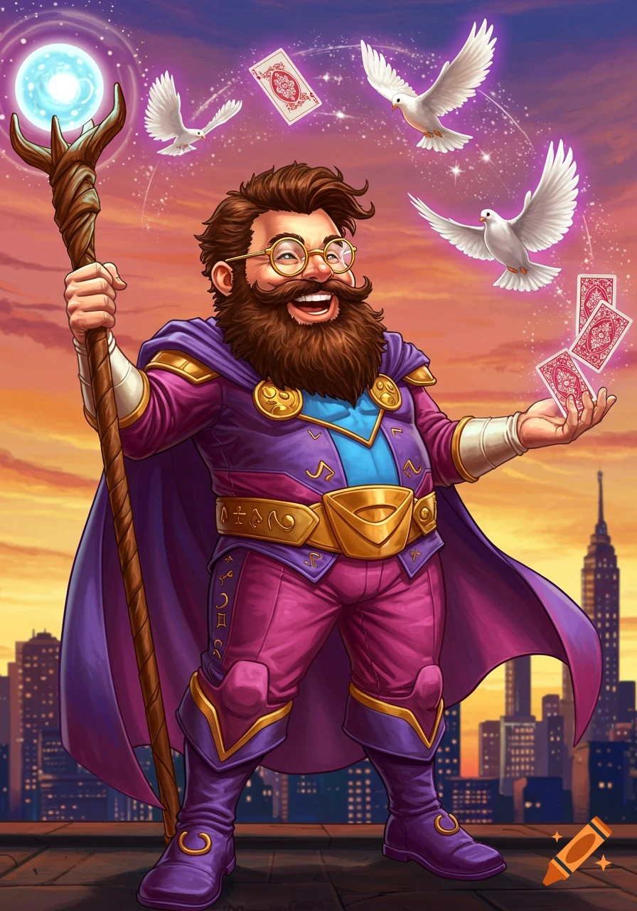 Smiling, bearded magician superhero in purple, holding a staff, conjuring cards and doves on a city rooftop at sunset.