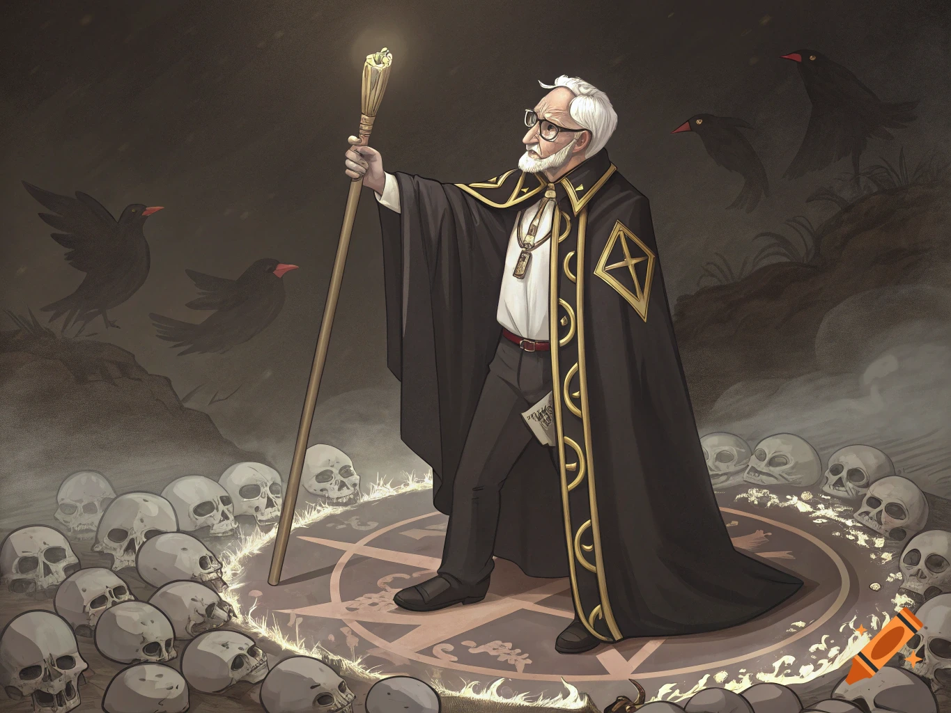 An old, bearded man in a black and gold robe stands on a glowing pentagram amidst human skulls and crows in a dark, mystical setting.