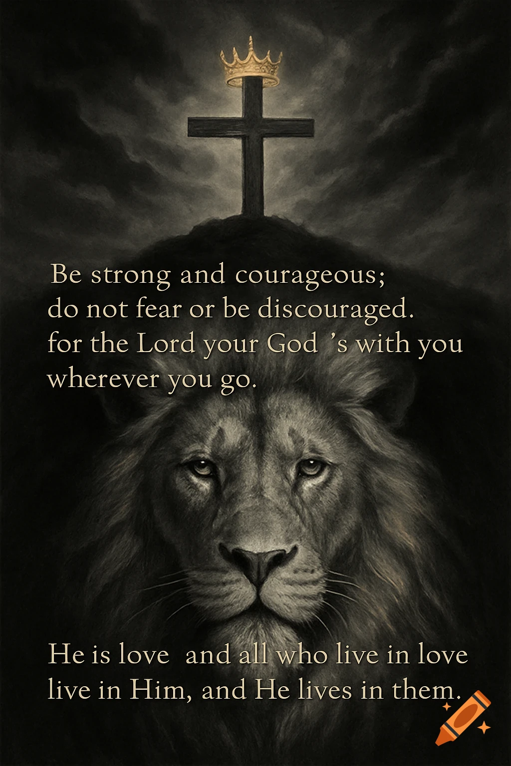 Dramatic grayscale image featuring a majestic lion's face, a cross with a golden crown on a hill, and inspirational biblical text.