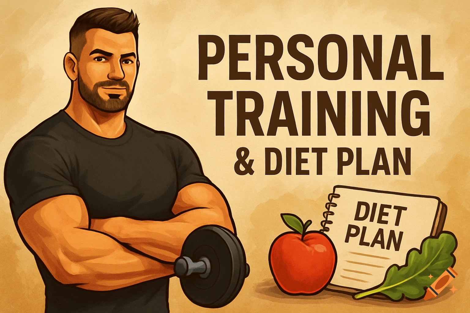 Cartoon illustration of a muscular male personal trainer with a dumbbell, apple, greens, and a 'DIET PLAN' notebook.