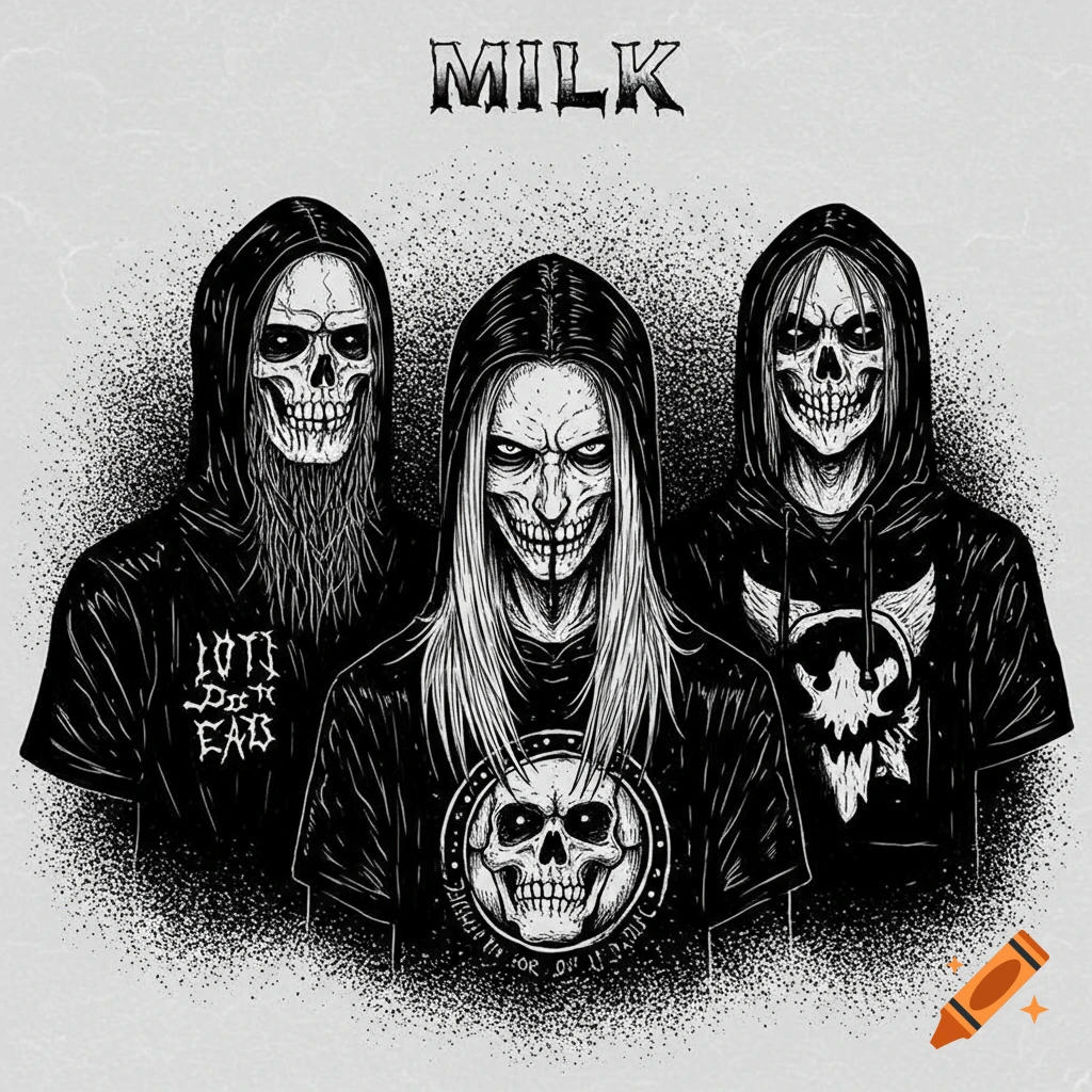 A black and white illustration of three skeletal figures in hooded shirts, with the word "MILK" at the top.