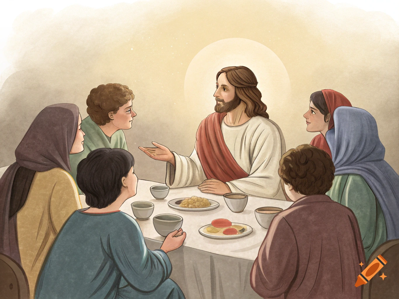 Illustration of Jesus, wearing a halo and red sash, at a table with followers, sharing a meal and speaking.