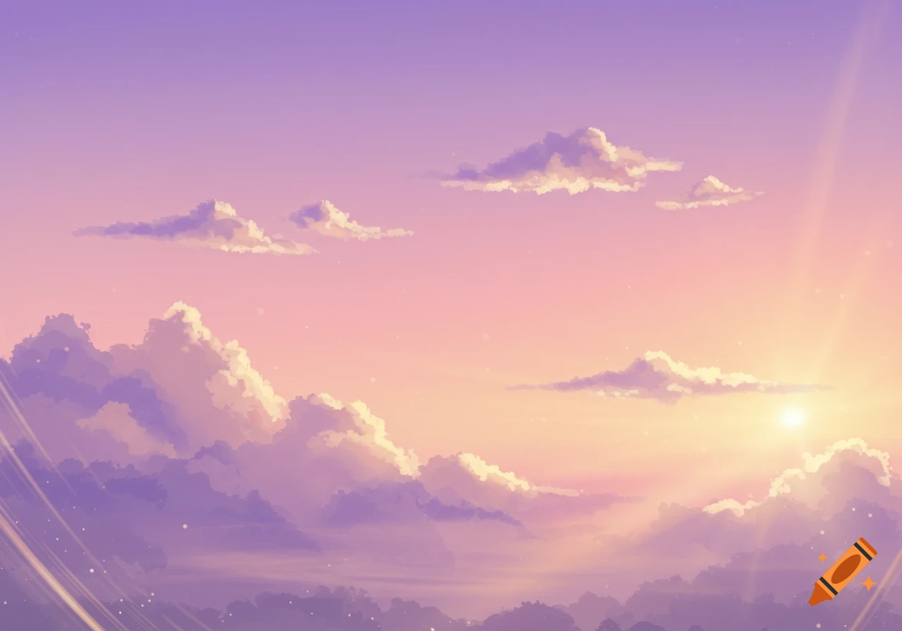 A vibrant anime-style illustration of a sunset or sunrise sky with pink, purple, and orange hues and fluffy clouds.