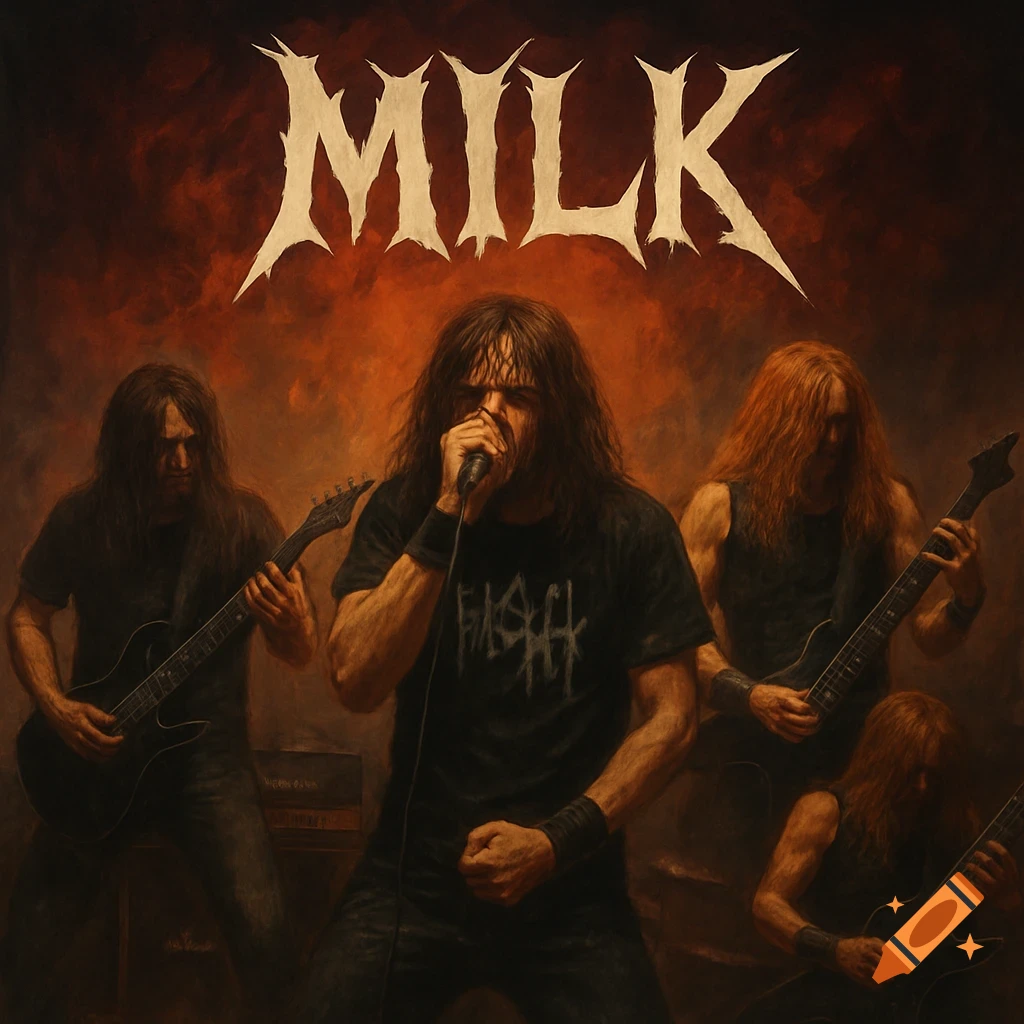 An album cover style painting of a death metal band on stage, with the band name MILK in jagged white letters at the top. The lead singer, center, screams into a microphone, flanked by guitarists and a bassist, all with long hair.