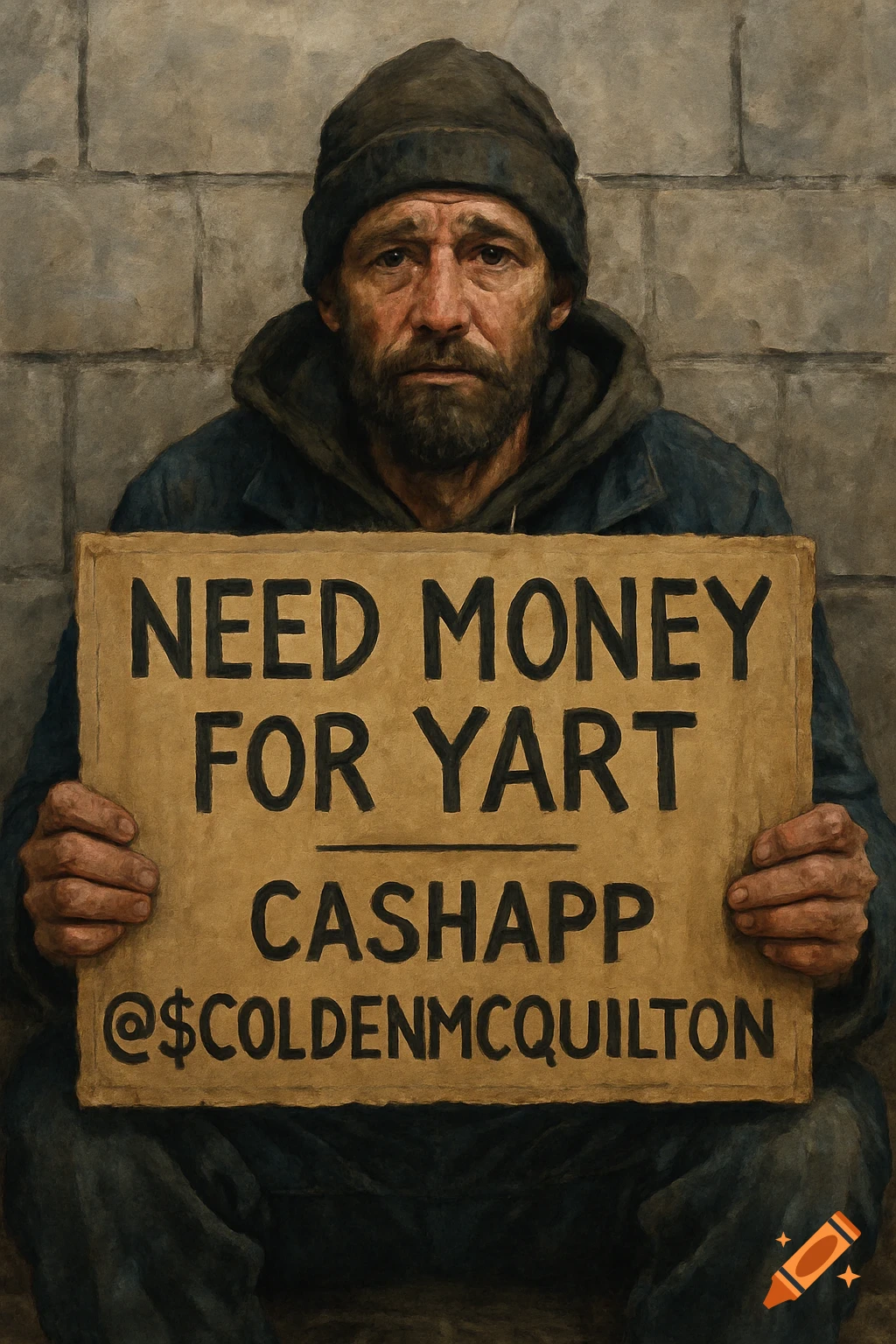 A man in a beanie and jacket holds a cardboard sign that reads "NEED MONEY FOR YART CASHAPP @$COLDENMCQUILTON" while sitting against a brick wall. The image has a painterly texture.