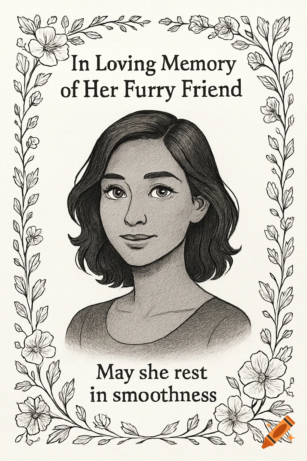 Black and white sketch of a woman with short dark hair, framed by a floral border, with text 'In Loving Memory of Her Furry Friend' and 'May she rest in smoothness'.