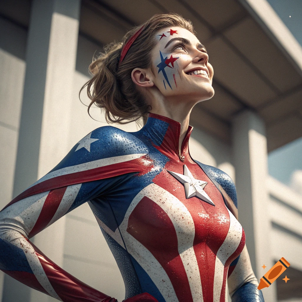 A woman in a tight red, white, and blue superhero suit with face paint, looking up and smiling.