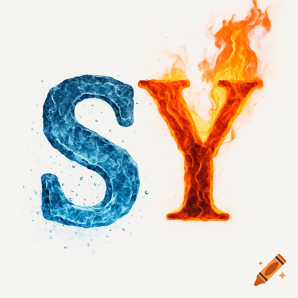 Letter 'S' made of blue ice with water droplets next to a fiery red letter 'Y' with flames on a white background.