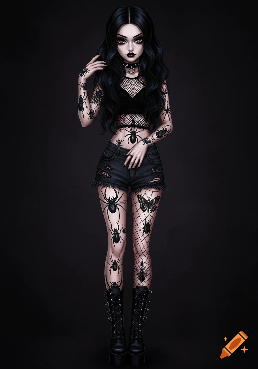A stylized illustration of a goth girl with long black hair, dark makeup, a mesh crop top, ripped shorts, fishnet stockings, bug tattoos, and platform boots, standing against a dark background.