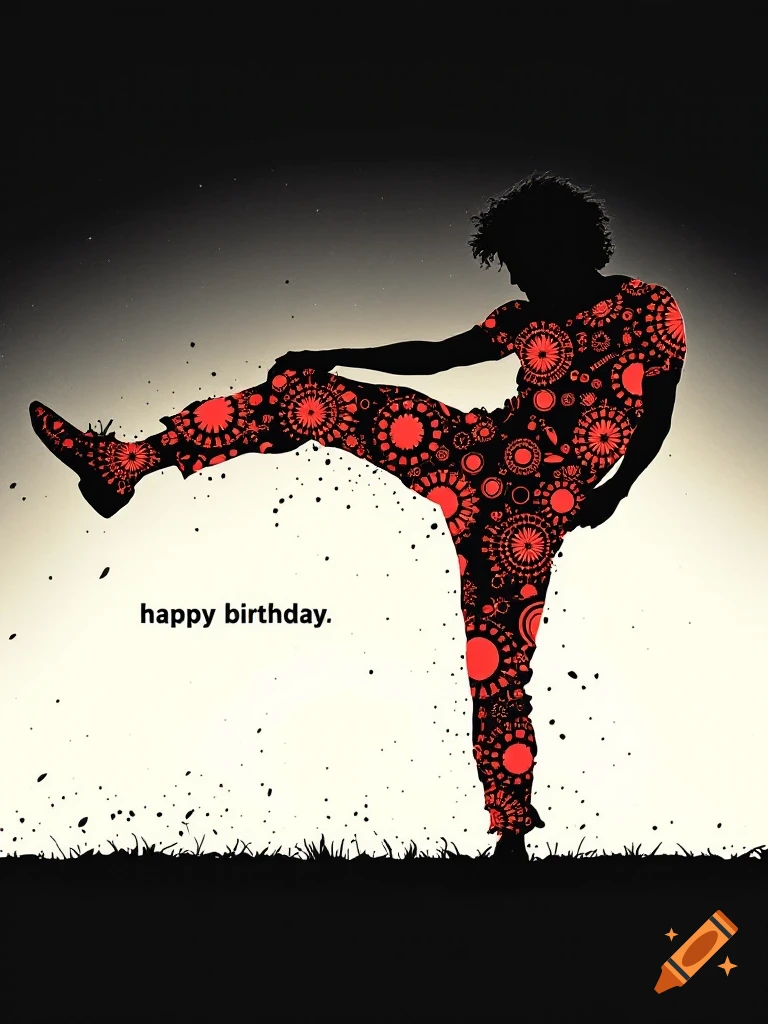 A black silhouette of a person in a dynamic kick, filled with red and black circular patterns, against a gradient background. 'happy birthday.' text is in the lower left.