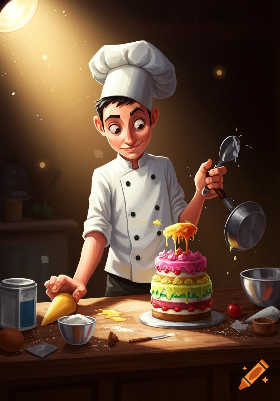 A cartoon chef in a white hat and jacket smiles while pouring batter over a colorful tiered cake, surrounded by baking ingredients.