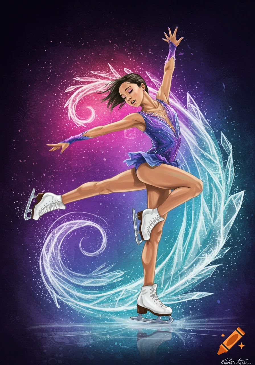 An illustration of a female figure skater in a vibrant purple and blue costume, gracefully posing on ice with swirling ice effects and a starry background.