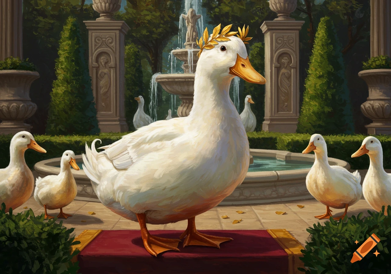 A large white duck wearing a golden laurel wreath stands on a red rug in a classical garden with a fountain and other ducks.