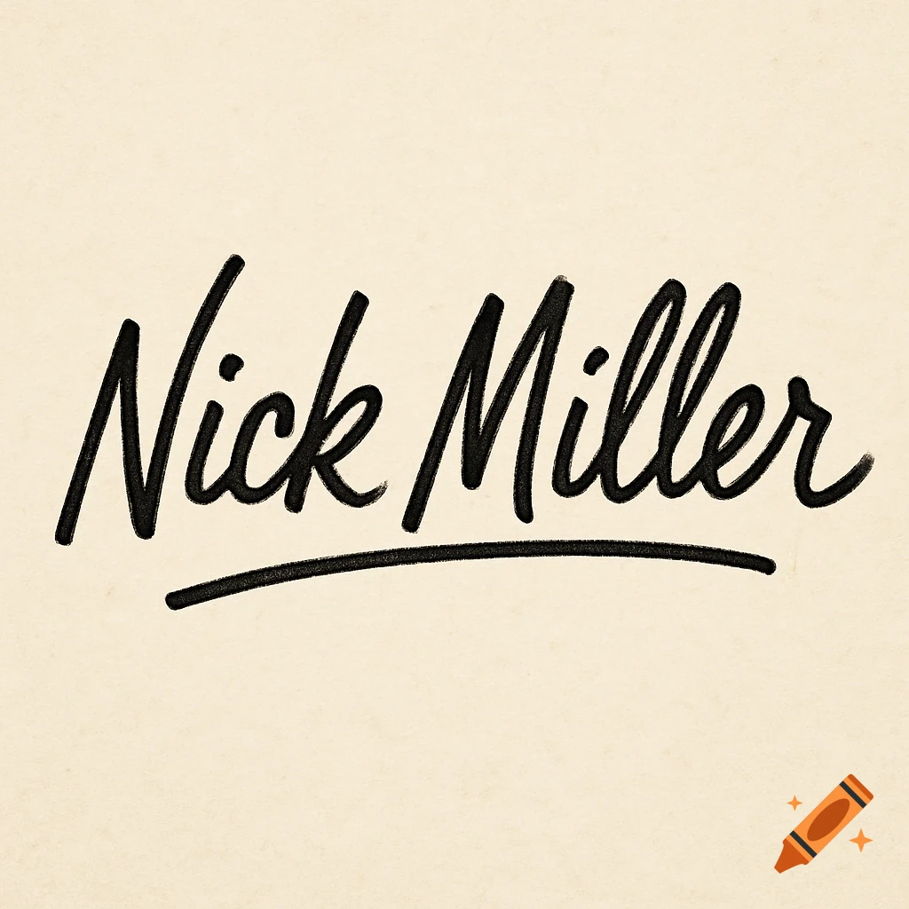 Hand-drawn signature of the name Nick Miller in black on a cream background.