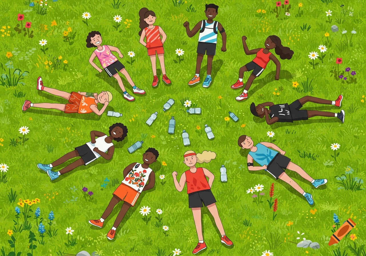 A friendly cartoon illustration of diverse runners resting in a circle on a grassy meadow with wildflowers and water bottles.