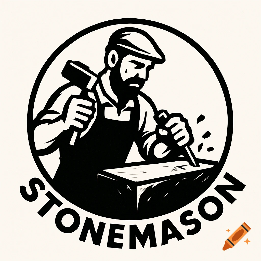 Black and white illustration of a bearded stonemason striking a chisel with a hammer on a stone block, inside a circle with 'STONEMASON' text.