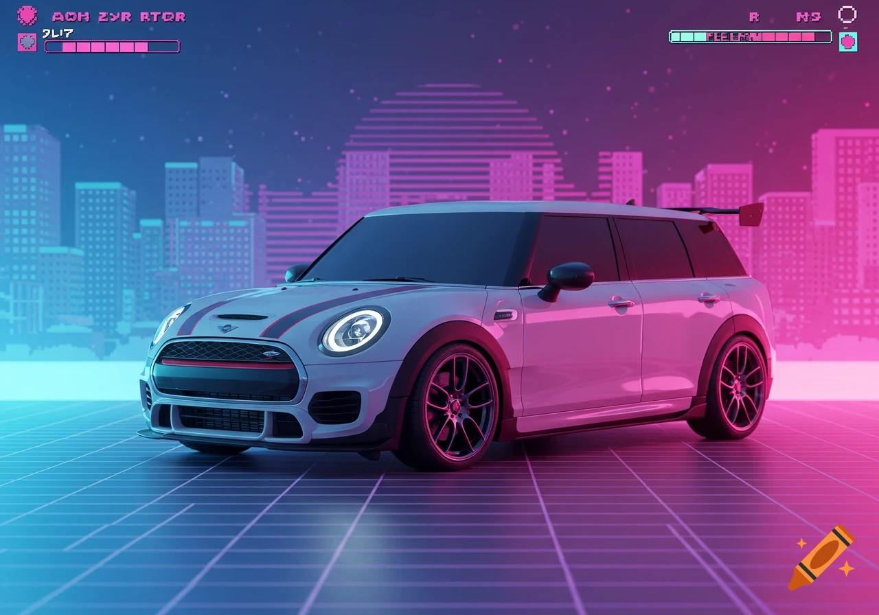A white Mini Clubman JCW on a glowing grid floor in a pixelated synthwave city skyline at night.