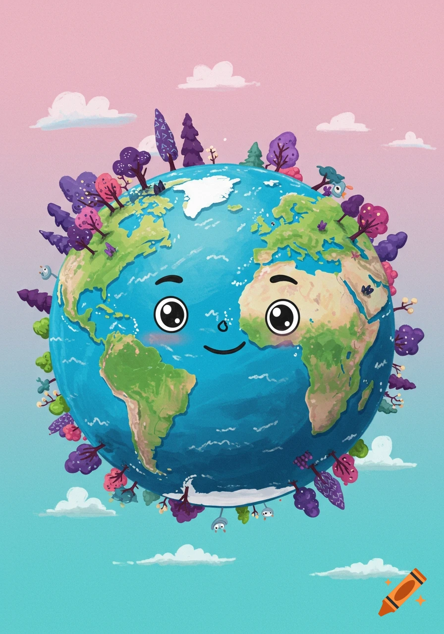 A cartoon Earth with a smiling face, surrounded by colorful trees and clouds in a whimsical style.