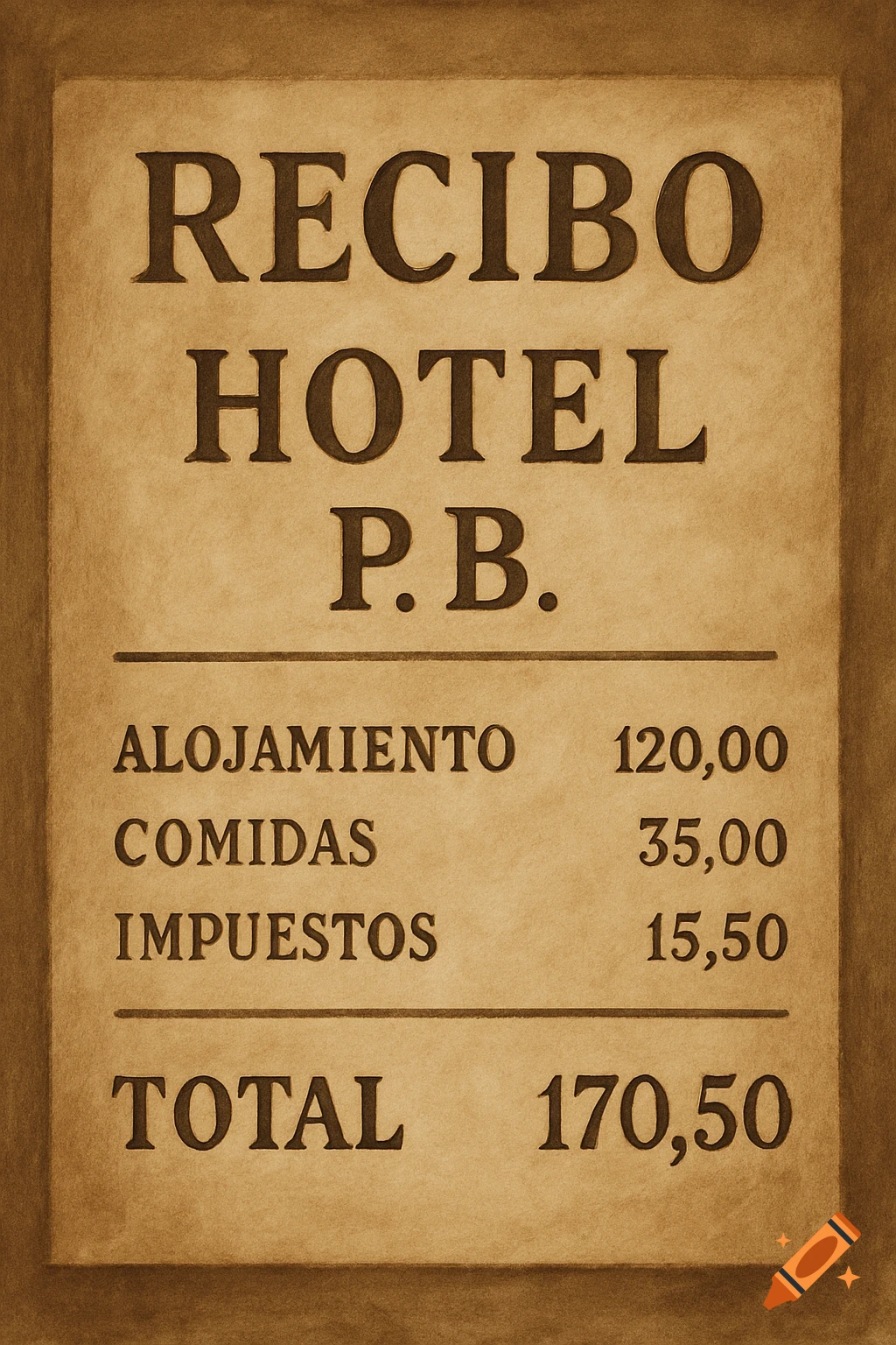 A sepia-toned vintage hotel receipt, detailing expenses for lodging, meals, and taxes, with 'P.B.' listed.