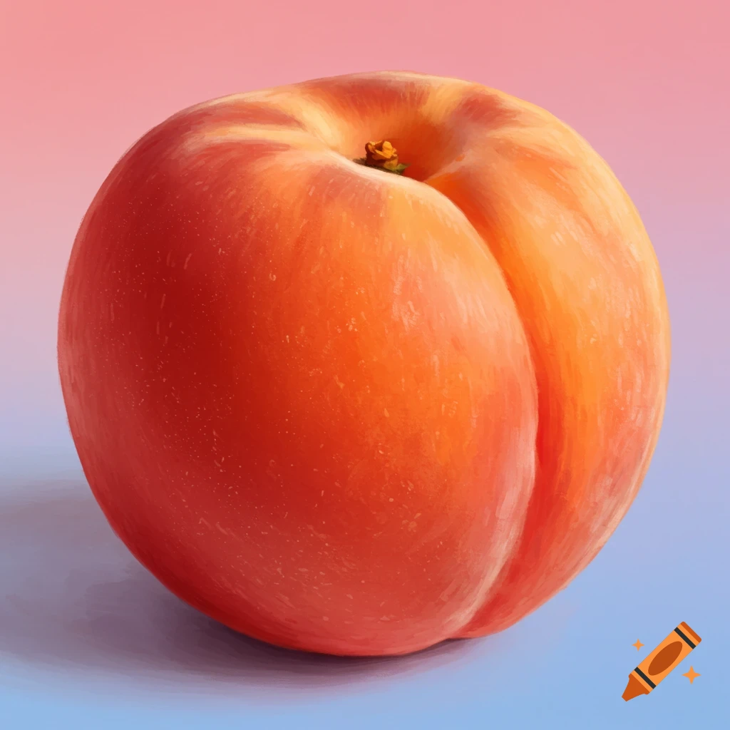 A close-up of a juicy peach against a pink and blue gradient background, rendered in a painterly style.