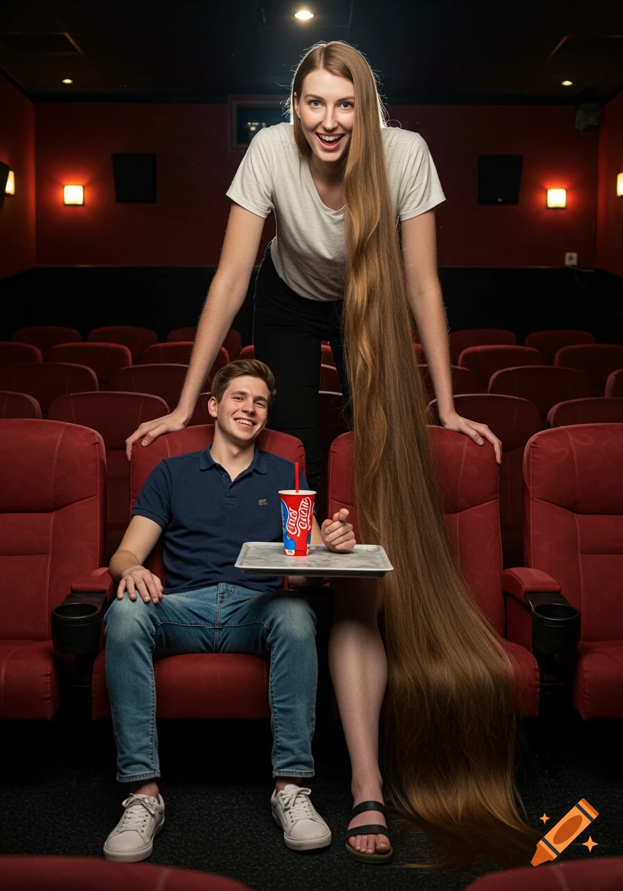 Photorealistic image of an extremely tall woman with long hair towering over her boyfriend in a movie theater.