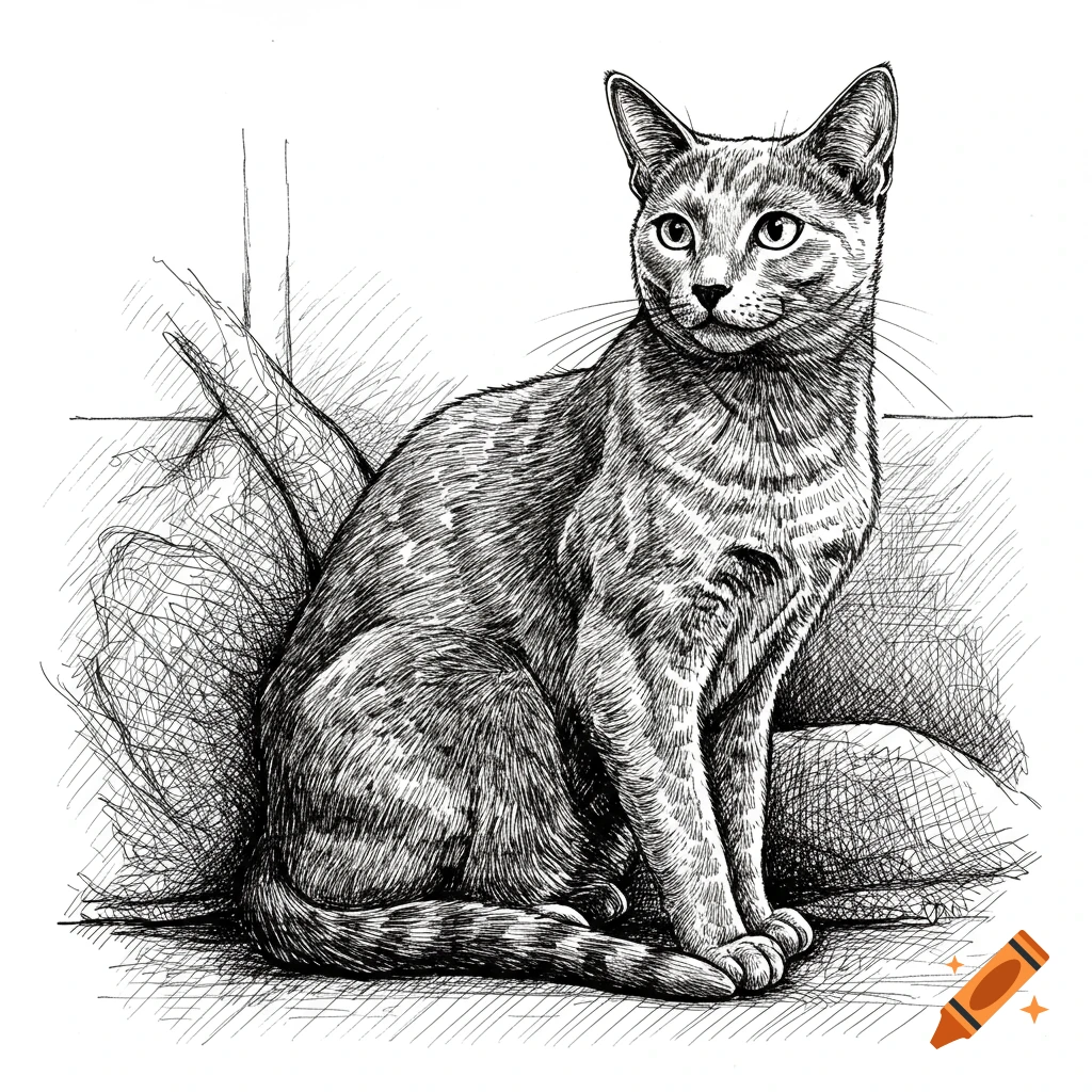 A detailed pen and ink drawing depicts a Russian Blue cat sitting upright and looking to the right.