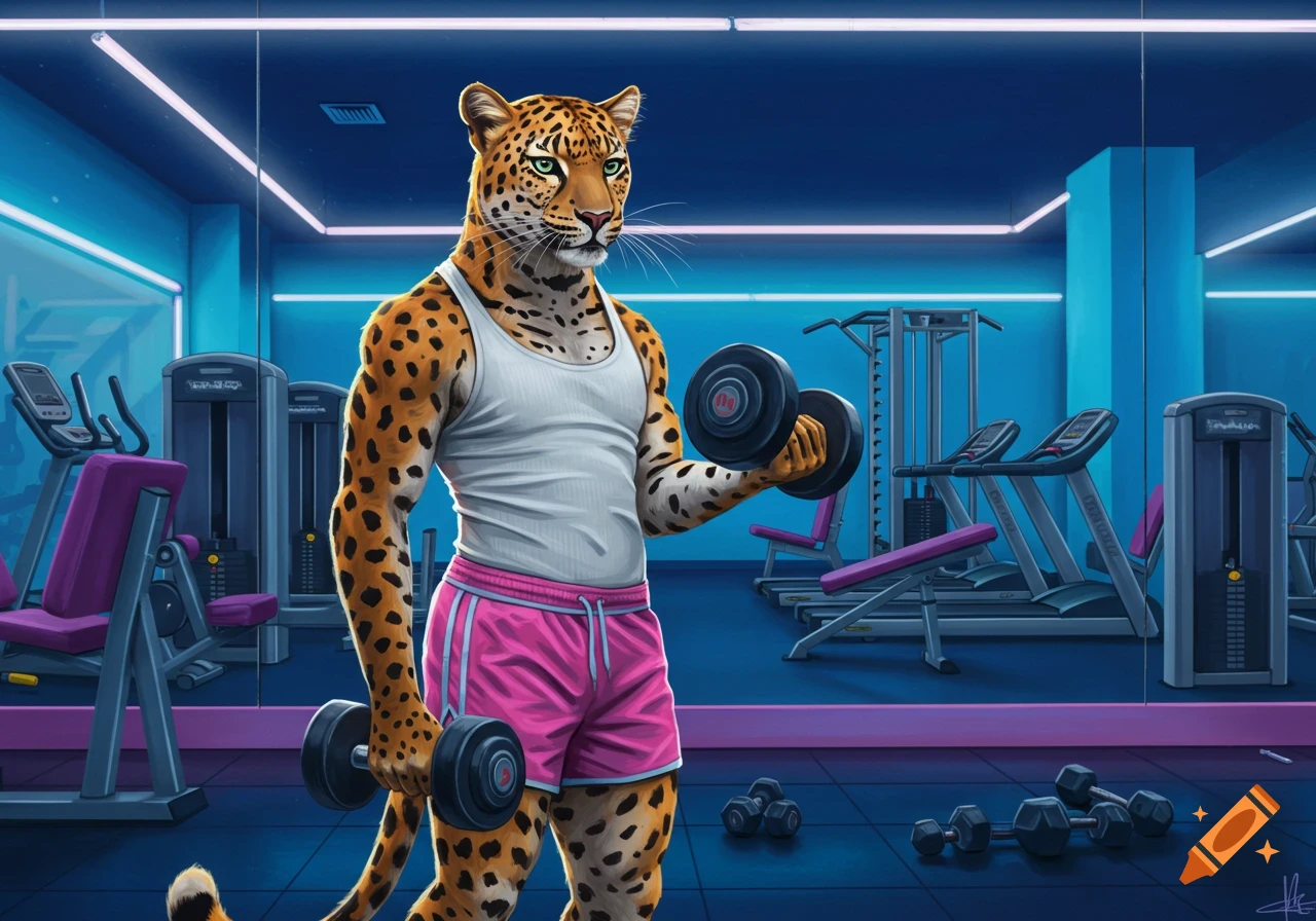 A muscular anthro leopard wearing a white tank top and pink shorts lifts dumbbells in a blue-lit gym.