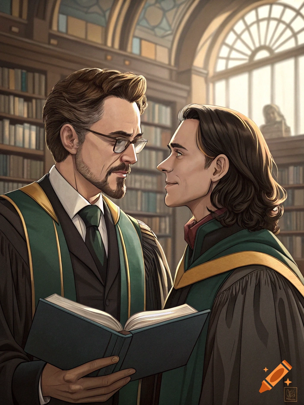 Two men in academic robes, one with a beard and glasses holding an open book, look at each other in a grand library.