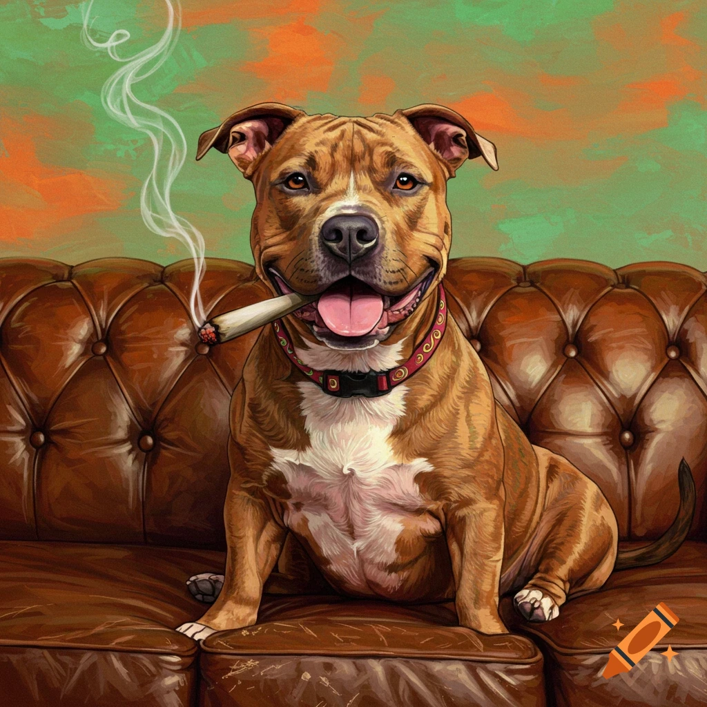 A brown and white pitbull dog sits on a leather couch, holding a lit joint in its mouth with smoke rising. Illustrated style.