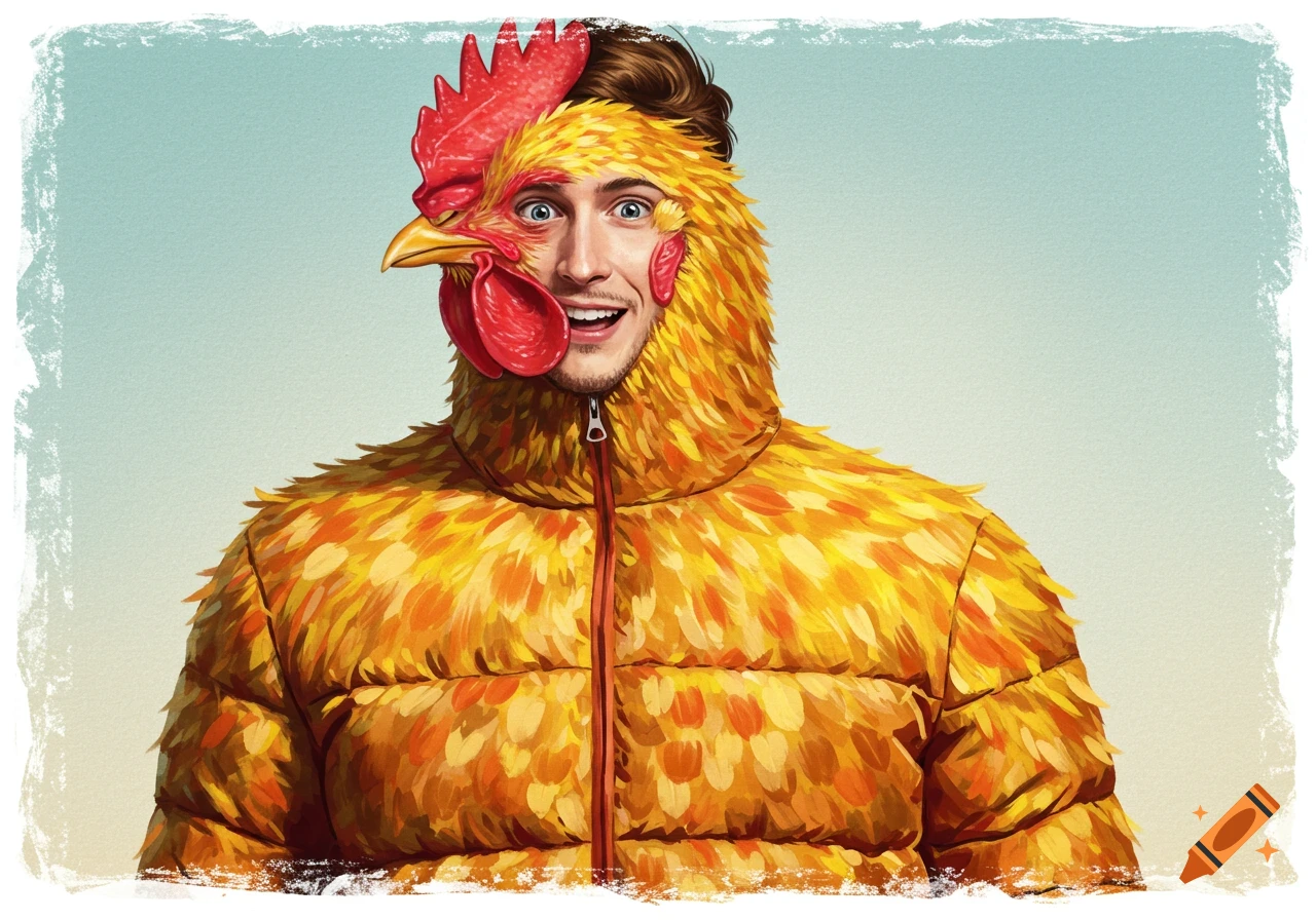 Illustrative portrait of a man wearing a chicken-feathered puffer jacket with the chicken head forming a mask around his face.