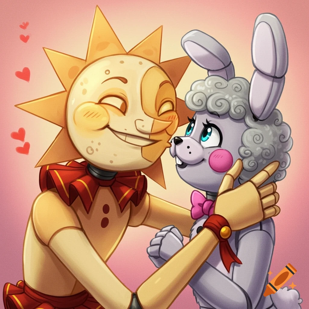 Cartoon Sun animatronic embraces a grey bunny animatronic with curly hair and blue eyes, against a pink background with hearts.