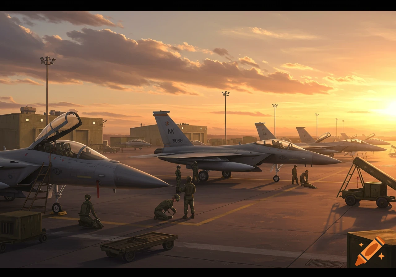 Military jet fighters and personnel on an airfield at sunset, with hangars in the background.