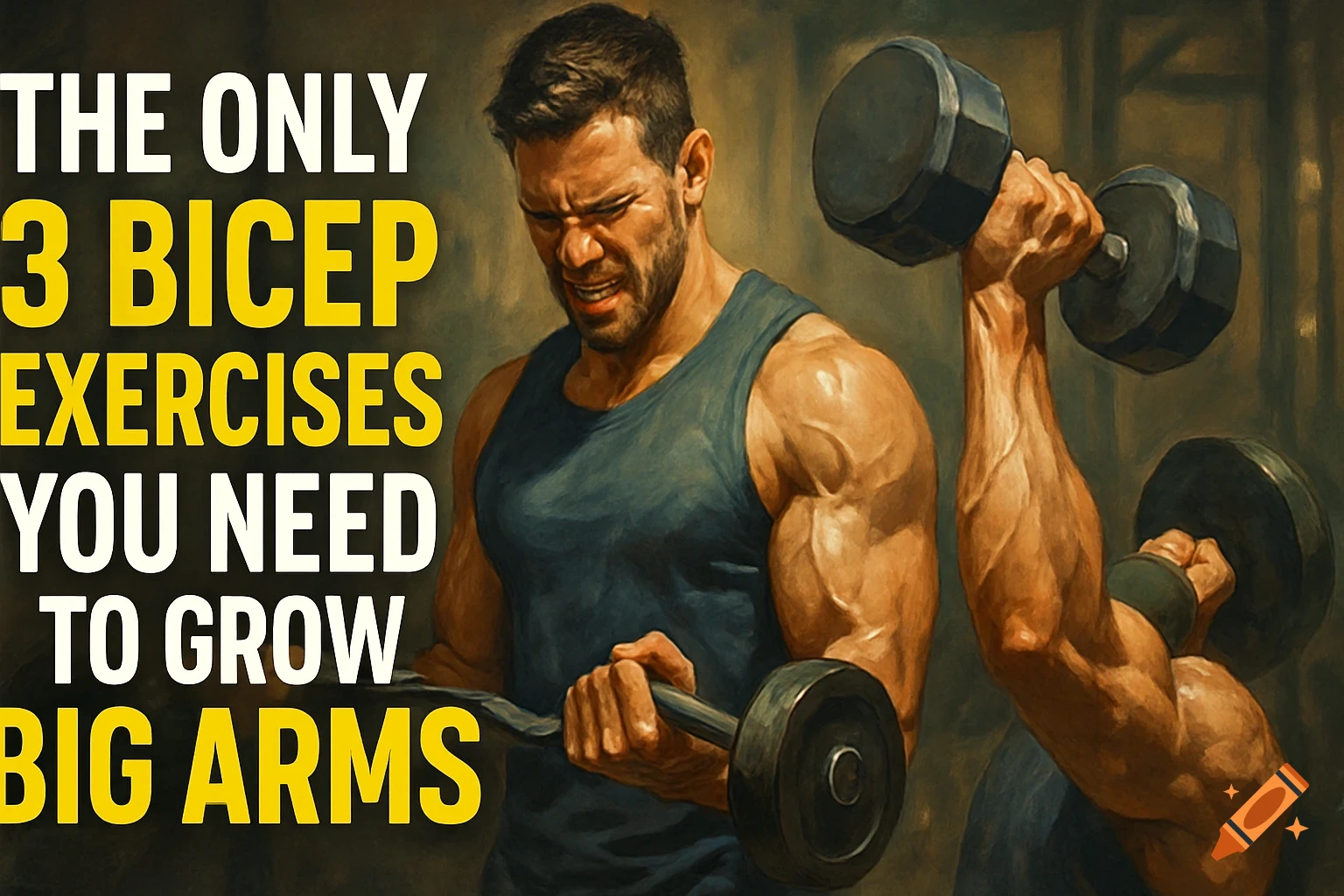 A muscular man in a tank top lifts a barbell, with another arm curling a dumbbell in the background. Large text reads: 'THE ONLY 3 BICEP EXERCISES YOU NEED TO GROW BIG ARMS'.