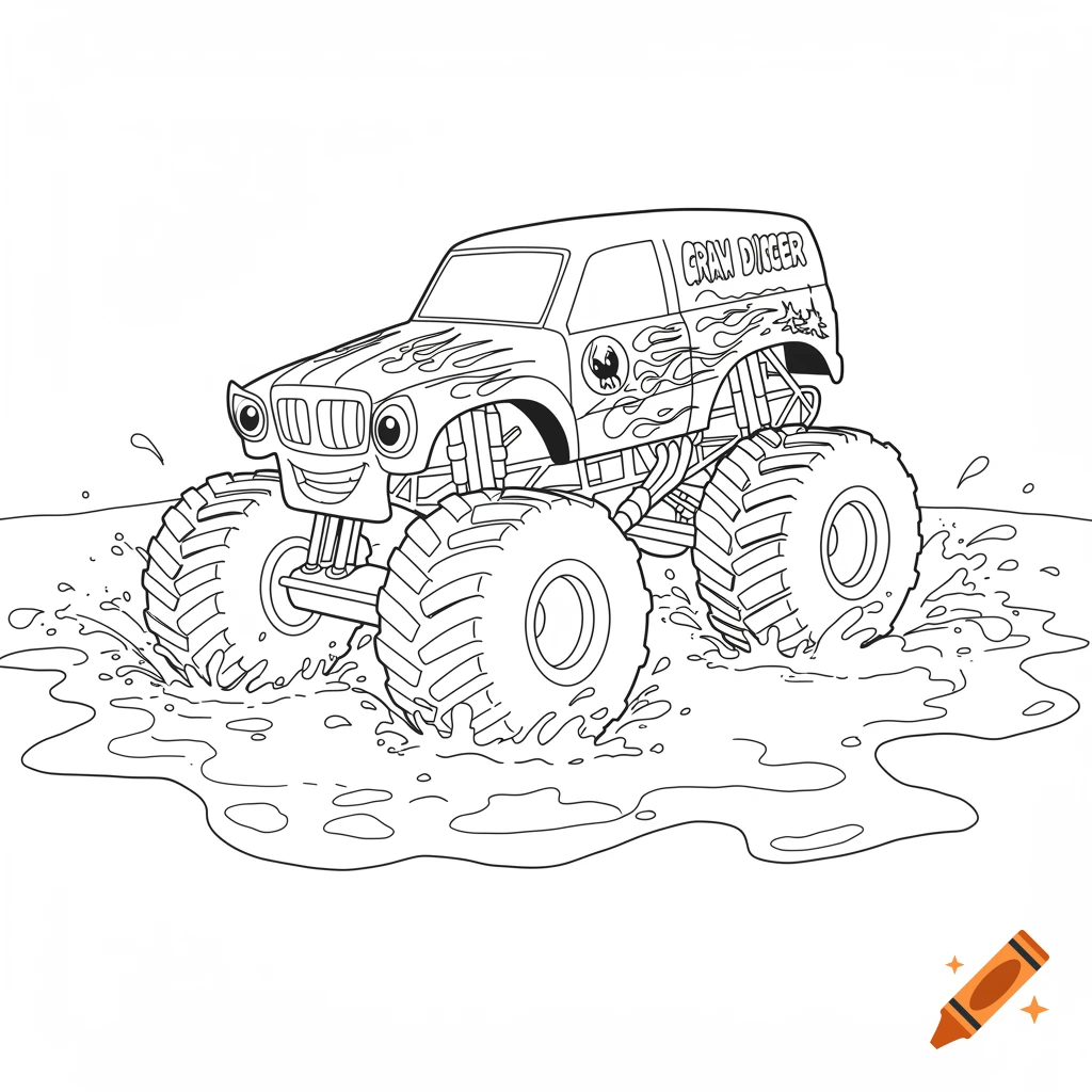 Black and white cartoon monster truck with flames and a friendly face splashing through a muddy puddle, simple outlines.