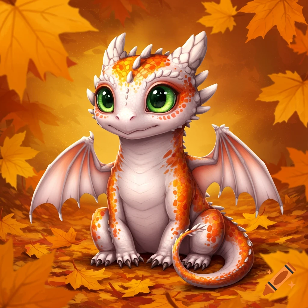 A cute, orange and white baby dragon with large green eyes sits amidst bright orange autumn leaves.