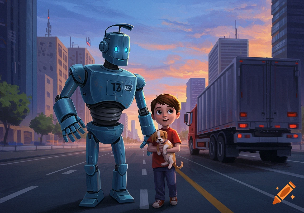 An illustration of a large blue robot standing next to a boy holding a puppy on a city street, with a truck in the background at sunset.