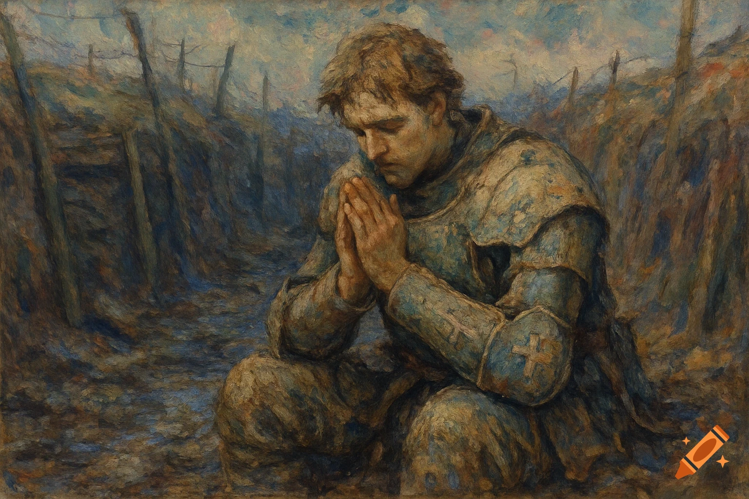 Impressionistic painting of a tired soldier with messy hair kneeling in a muddy, war-torn trench, praying in medieval armor.