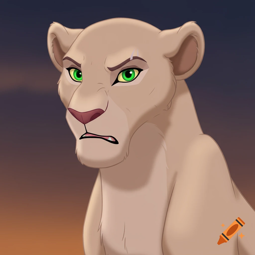 Close-up of a tan animated lioness with green eyes and an aggressive expression, in the style of The Lion King.