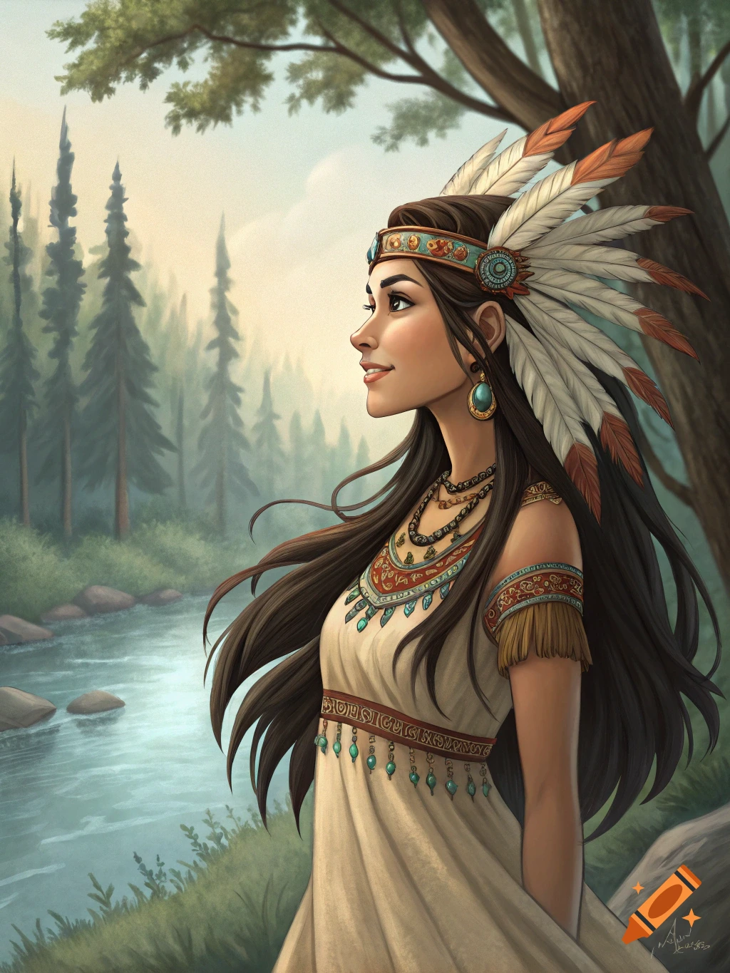 Illustrative portrait of a Native American woman in traditional feathered headdress and attire, by a river in a forest.