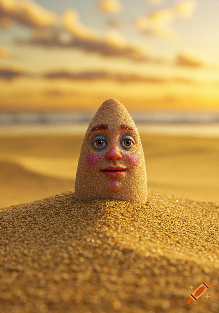 A cone-shaped sand creature with a human face and makeup peeks from the sand on a beach at sunset, photorealistic.