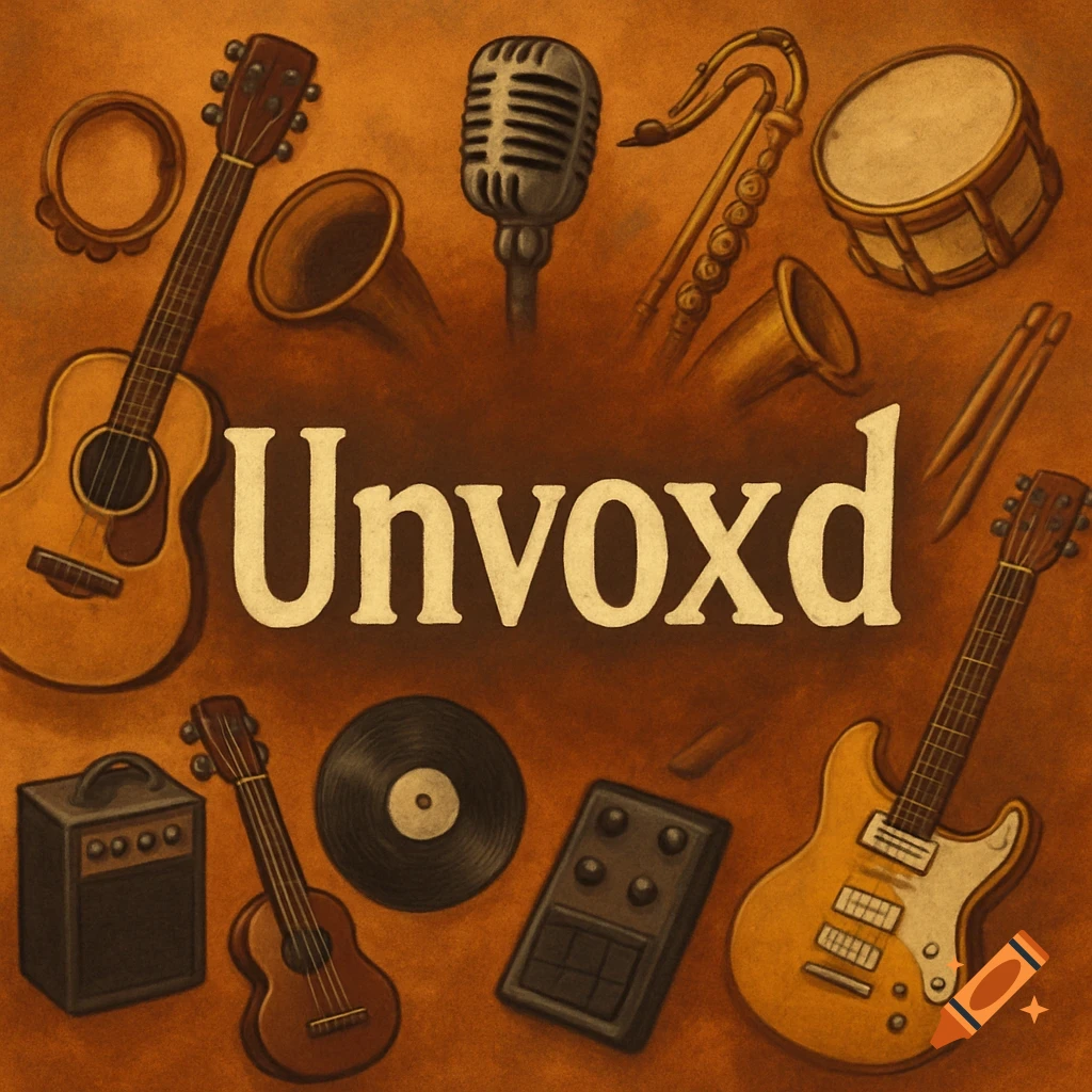 An illustration of various musical instruments surrounding the word 'Unvoxd' on a brown background.