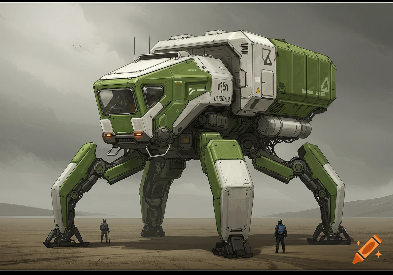 A large green and white six-legged cargo transport vehicle stands in a desolate, flat landscape with two small figures.