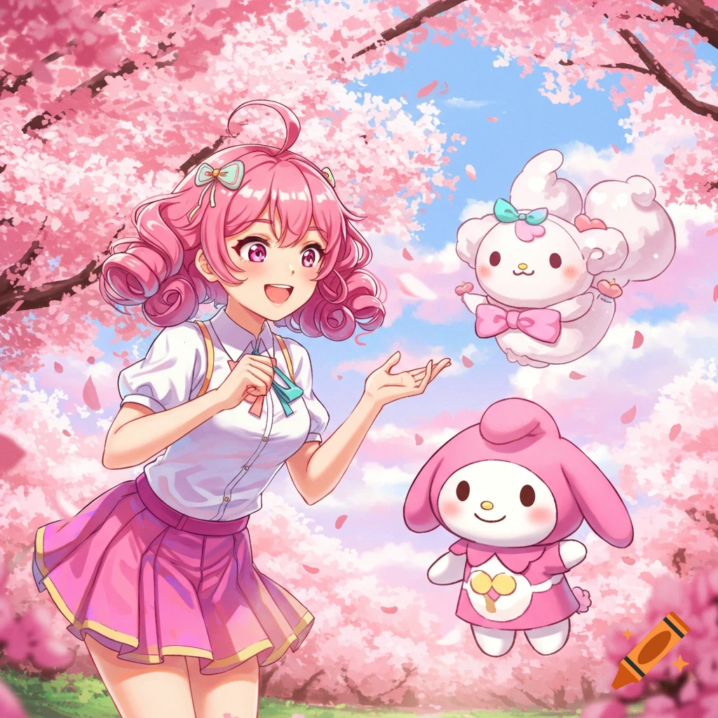 An anime girl with pink hair smiling under cherry blossom trees with falling petals, gesturing towards Sanrio characters Wish me mell and My Melody.