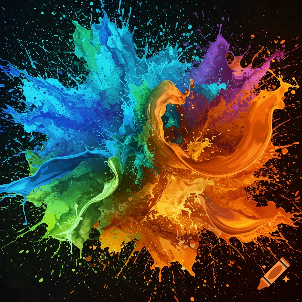 Vibrant abstract paint splashes in blue, green, orange, and purple on a black background.