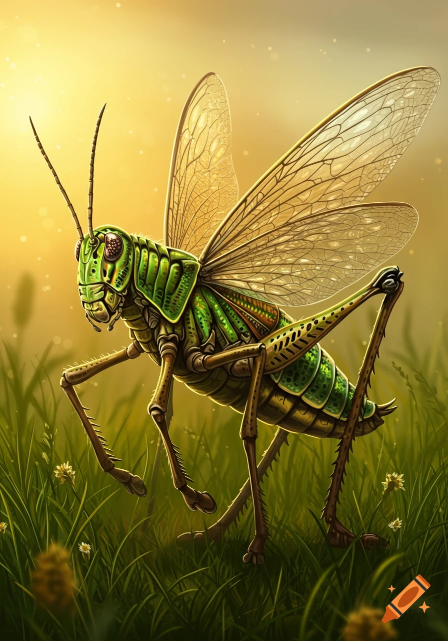 A large, detailed green grasshopper stands in tall green grass with a warm, sunny background.