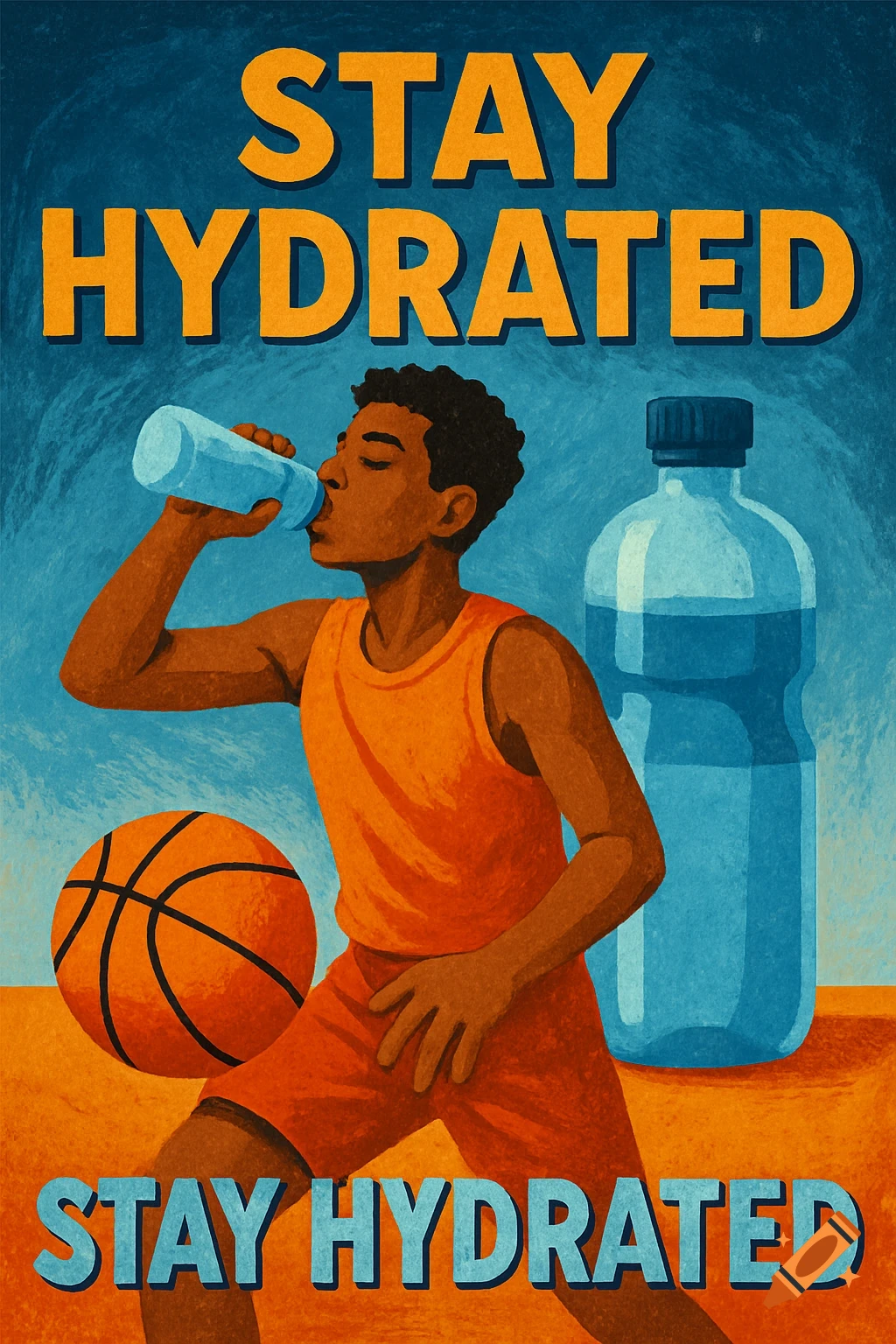 Illustrated poster of a basketball player drinking water, with text 'STAY HYDRATED' at the top and bottom.