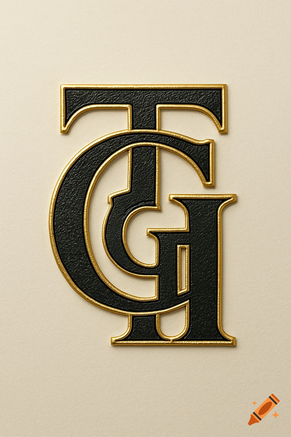 Black and gold embossed monogram of intertwined T, G, and H on a cream background.