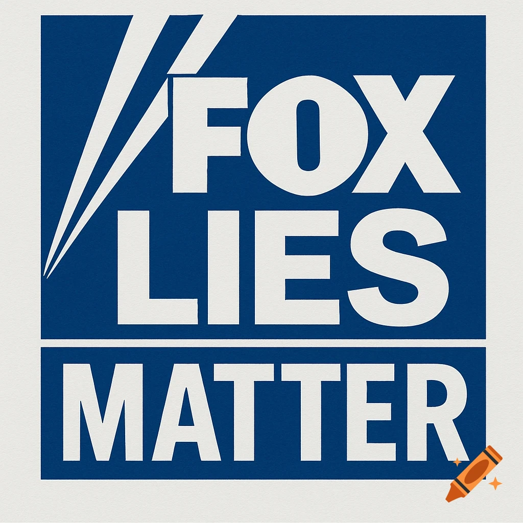 A blue and white graphic parodying the Fox News logo, reading 'FOX LIES MATTER'.