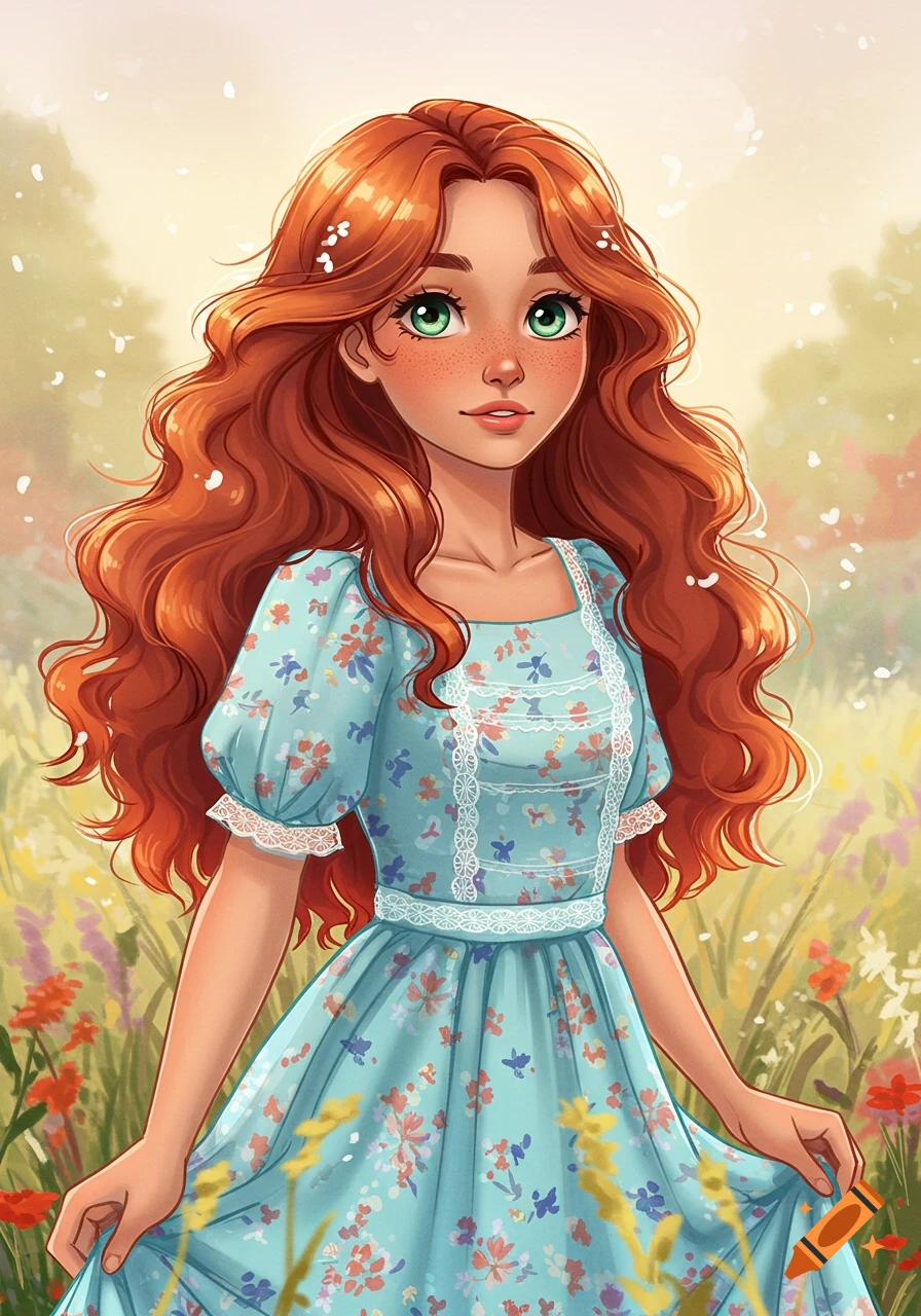 A cheerful cartoon girl with long red hair, freckles, and green eyes, wearing a blue floral dress, stands in a field of wildflowers.